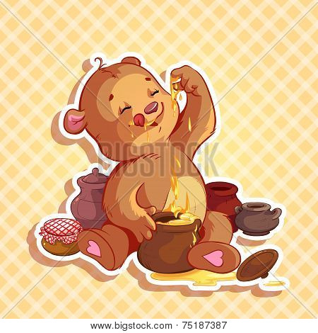 Cute Teddy Bear Eats Honey From The Pot