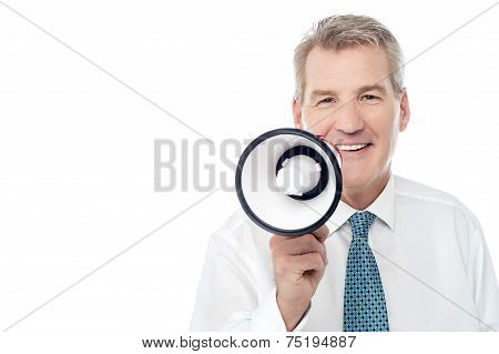 Senior Man Posing With Megaphone