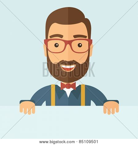 The man with a beard holding board. Vector flat design illustration.