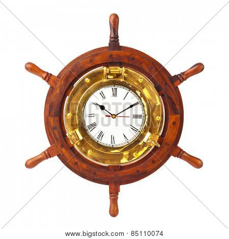 Clock in wood helm isolated on white background