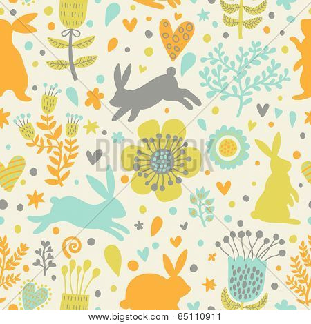 Sweet rabbits in hearts and flowers. Cute childish seamless pattern in cartoon style. Seamless pattern can be used for wallpapers, pattern fills, web page backgrounds, surface textures