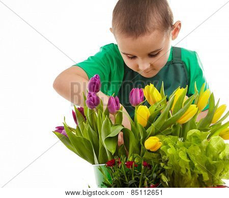 Little gardener boy, isolated on white