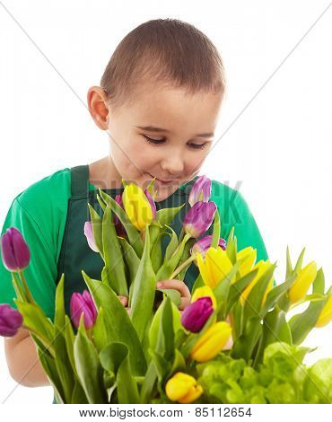 Little gardener boy, isolated on white