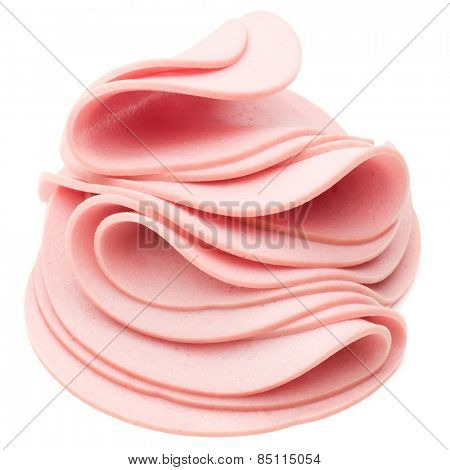 cooked boiled ham sausage or rolled bologna slices isolated on white background cutout