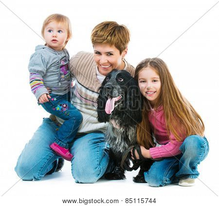 happy family with black  cocker spaniel isolated on white background