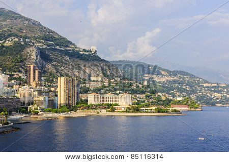 Mediterranean sea coast with view of Larvotto ward and beach in Monaco.