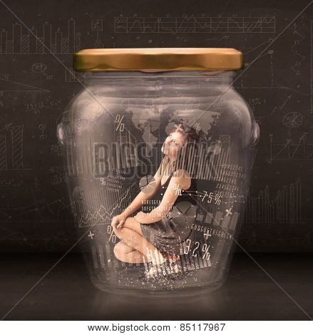 Businesswoman traped in jar with graph chart symbols concept on background