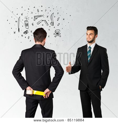 Ruthless businessman handshake with hiding a weapon and weapon symbols around his head