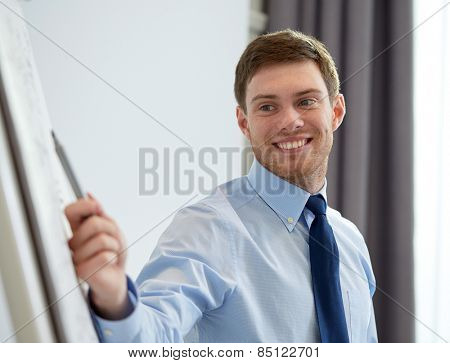 business and people concept - smiling businessman pointing marker to flipboard on presentation in office
