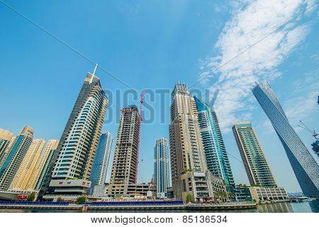Dubai - AUGUST 9, 2014: Dubai Marina district on August 9 in UAE, Dubai. Dubai Marina district is a popular residential and business area.