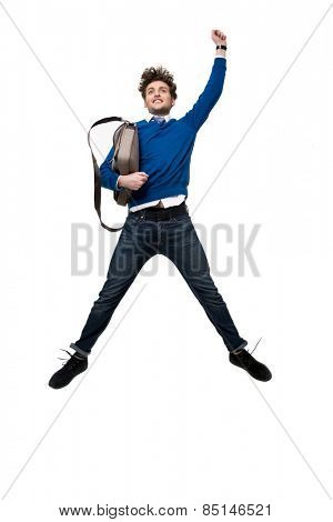 Happy business man jumping with bag over white background