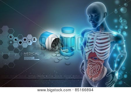 human anatomy with medicine bottle
