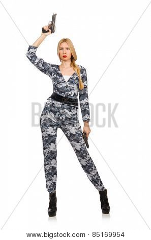 Woman soldier isolated on white