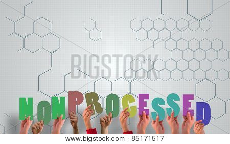 Hands holding up non processed against chemical structure in grey and white
