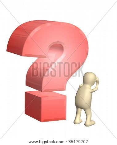 Upset 3d puppet, keeping for a head and question mark. Isolated on white bsckground
