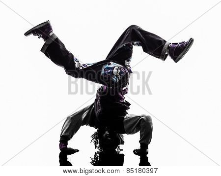 one hip hop breakdancer breakdancing handstand man silhouette white background