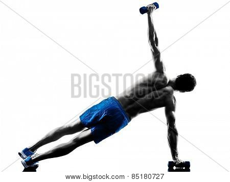 one caucasian man exercising fitness plank position exercises in studio silhouette isolated on white background
