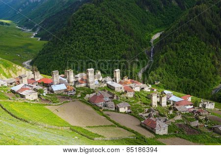 Summer landscape. Alpine ancient village. Adishi, Zemo Svaneti, Georgia 