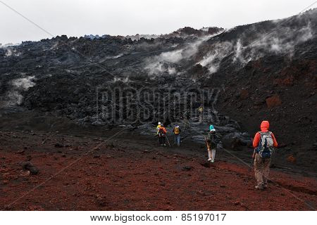 Group Of Tourists Hiking On The Lava Field Eruption Tolbachik Volcano On Kamchatka Peninsula. Russia