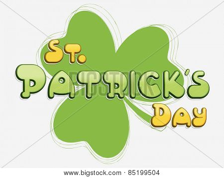 Happy St. Patrick's Day celebration with Irish shamrock leaf on grey background.