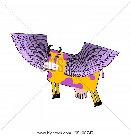 Cow with purple wings. Flying animal. vector illustration. Fantastic mammal.