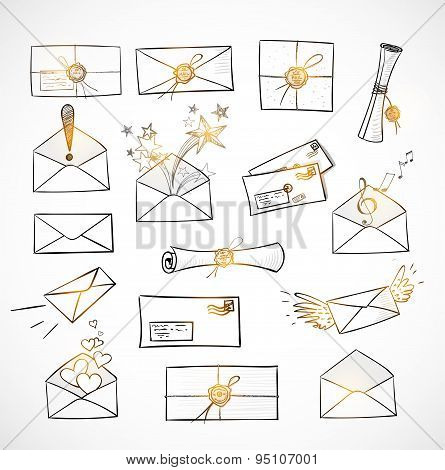Mail icons. Paper rolls, wax seals.