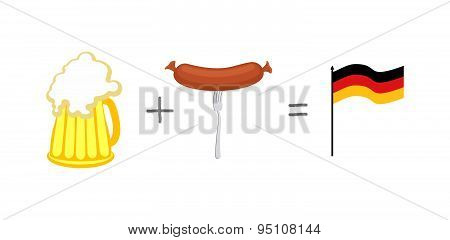Symbols of Germany. Beer and sausages. Mathematical formula: beer plus sausage as well flag of Germa