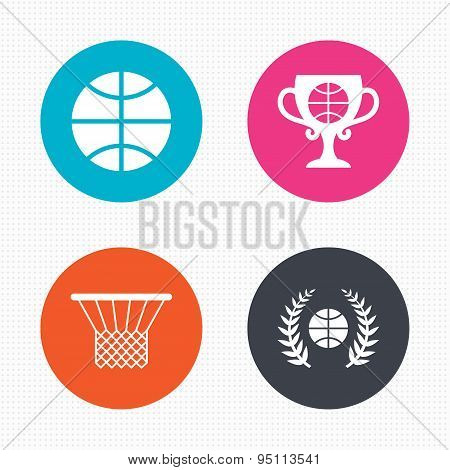 Basketball icons. Ball with basket and cup symbols.