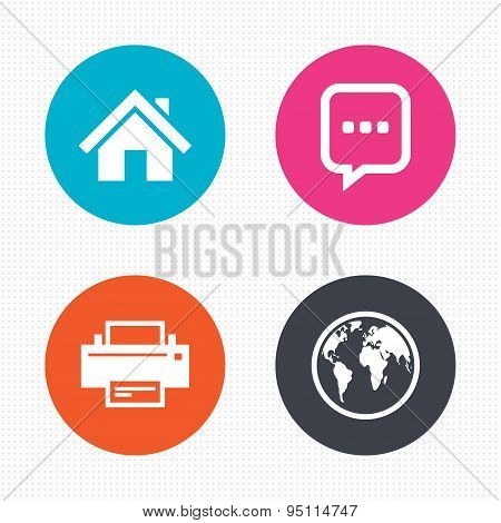 Home main page and globe signs. Printer, chat