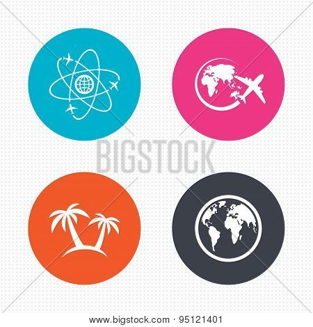 Travel trip icon. Airplane, world globe symbols.