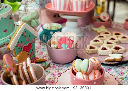 Prepared birthday table with sweets for children party