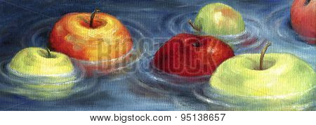 Colorful apples floating on the river basin.