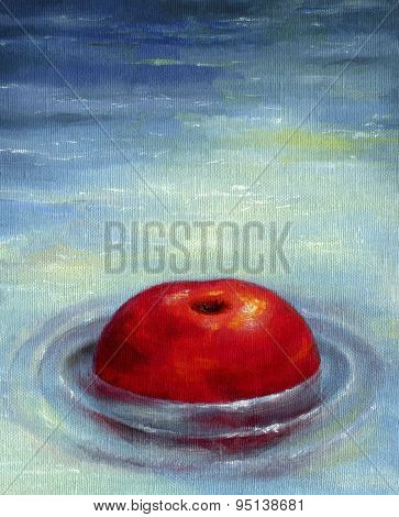 One big ripe red apple floating on the water surface.