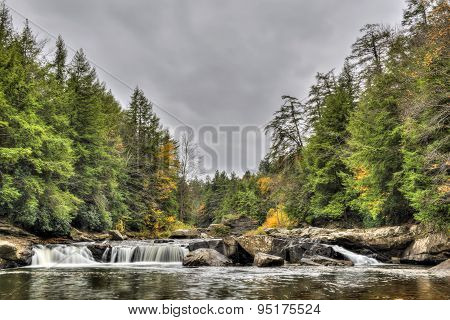 Swallow Falls Waterfall In Appalachian Mountains In Autumn