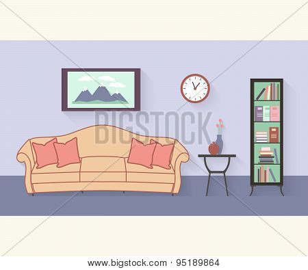 Living room with furniture and long shadows. Flat style vector