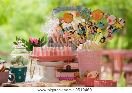Prepared birthday table with sweets for children party