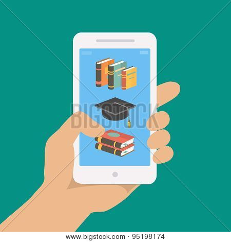 Vector online education concept in flat style. hand holding mobile phone with educational app in the