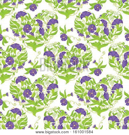 Seamless pattern - Convolvulus Flowers hearts on white background. Spring or summer floral design.