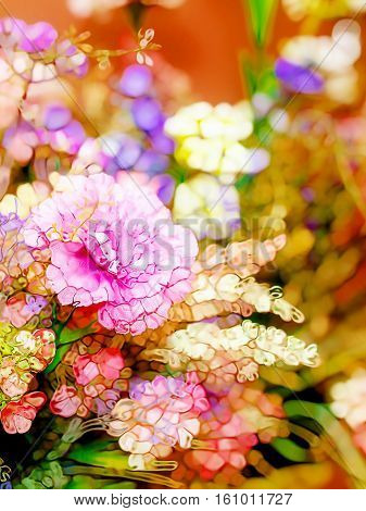 decorative floral bouquet with carnation flower and bookeh background, computer graphic from photography