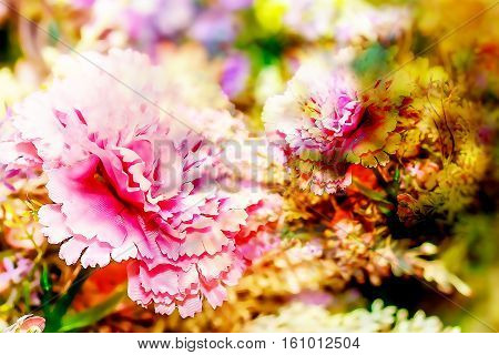 decorative floral bouquet with carnation flower and bookeh background, computer graphic from photography