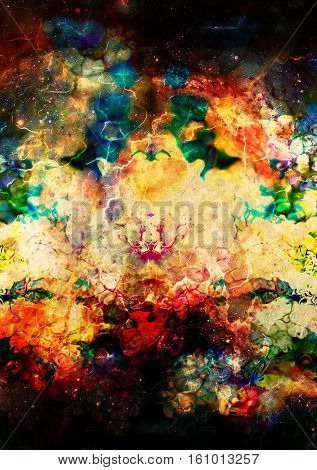 Cosmic space and stars, color cosmic abstract background. Fire and crackle effect
