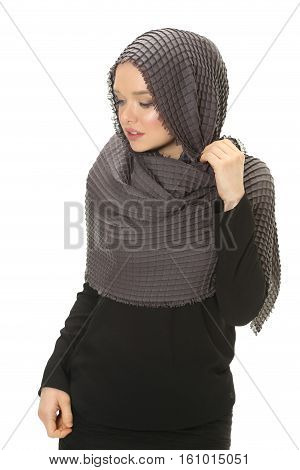 beaytiful young muslim women wearing scarf at studio