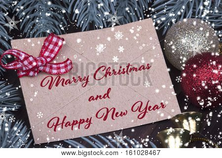 Christmas Xmas New Year Holiday Greeting Card Christmas Balls Bell Ribbon Fir Branches Cones Snowfla