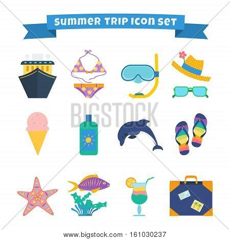 Set of summer trip icons: cruise ship swimming suit diving mask hat sunglasses sunscreen flip-flops travel bag dolphin and other.