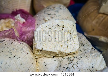 pieces of delicious white cheese with spices