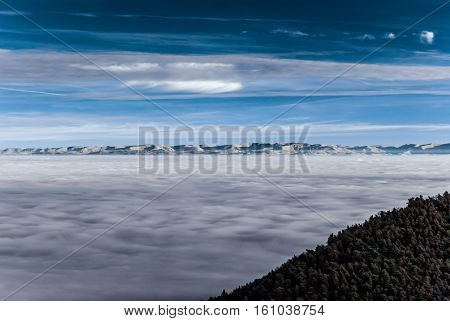 Fantastic Aerial Infrared View Of Mountain Landscape With Sea Of Fog