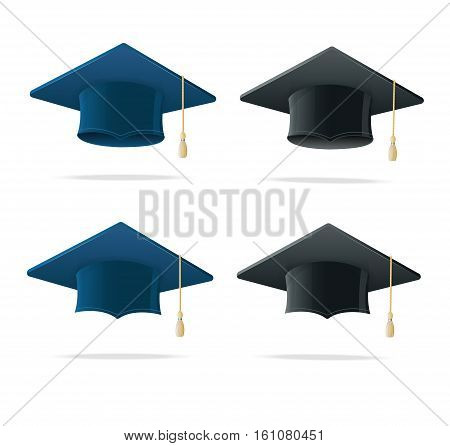 Student Hat Blue and Black Set. Academic Caps Symbol Finish Education Isolated on White. Vector illustration