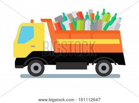 Garbage truck transportinggarbage, plastic and glass. Tipper with yellow cabin and orange vehicle. Garbage tipper with trash. Waste recycling concept. Cargo truck. Vector illustration in flat style
