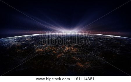 Connection lines Around Earth Globe Futuristic Technology Theme Background with Light Effect 3d illustration