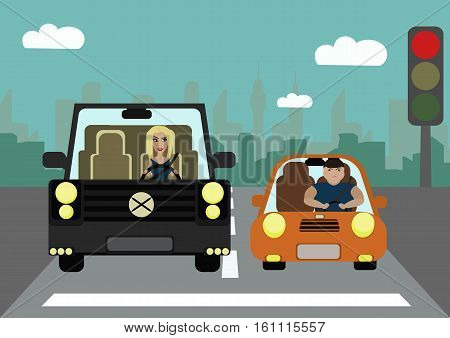 Comical situations on the road. Pretty slim girl in a jeep and a fat woman in a small car standing at a traffic light. The problem of excess weight. The problem of social inequality.